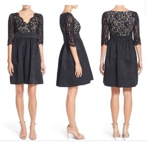 Eliza J Black Lace & Faille Elbow Sleeve V Neck Empire Waist Dress
